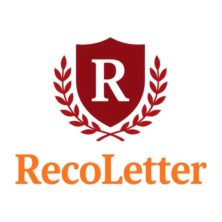 RecoLetter logo: a red shield with an R framed by laurels, above the word RecoLetter